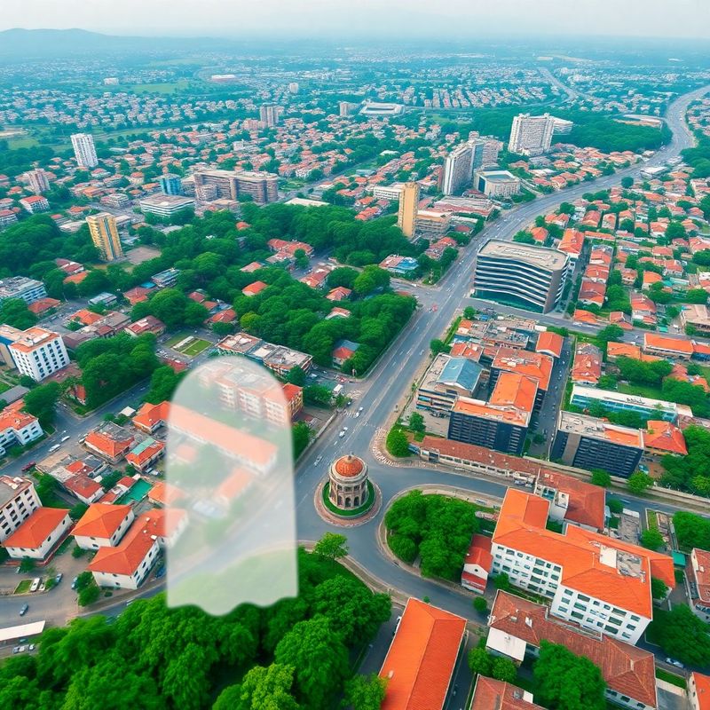 Aerial view of Kampala city centre in equatorial morning light