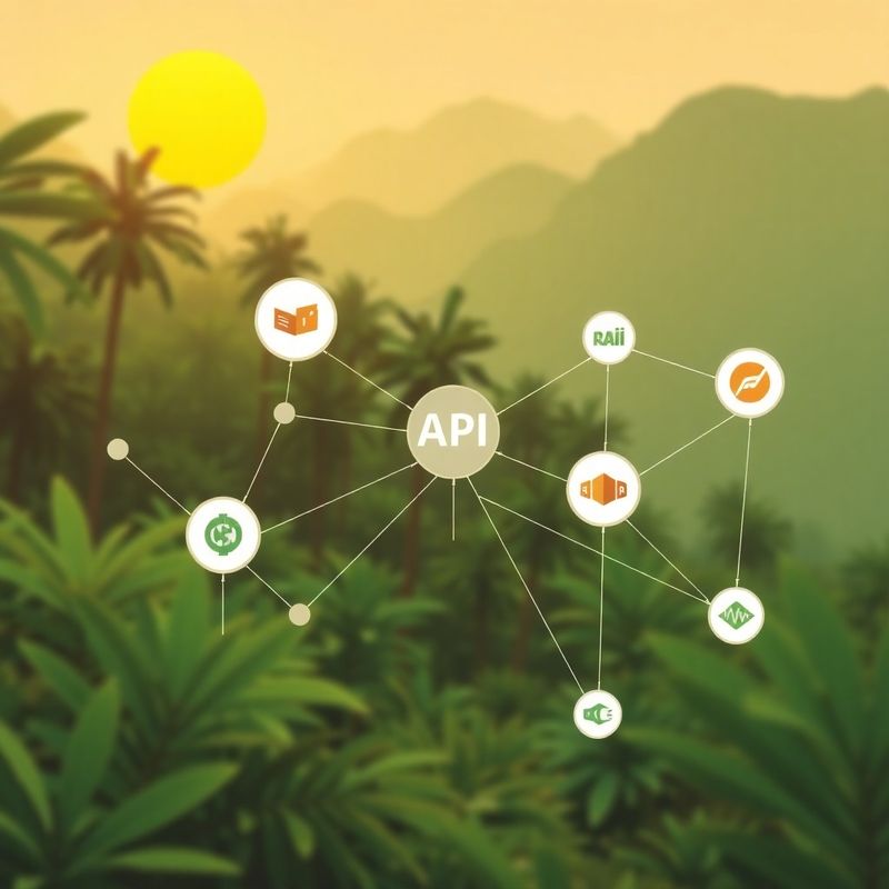 API connection nodes linking broker logos in a clean-tech illustration